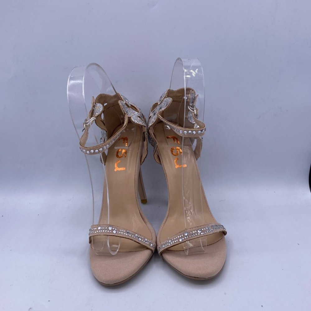 FSJ Nude Rhinestone Stiletto Heels Bridal Sandals - Picture 3 of 15